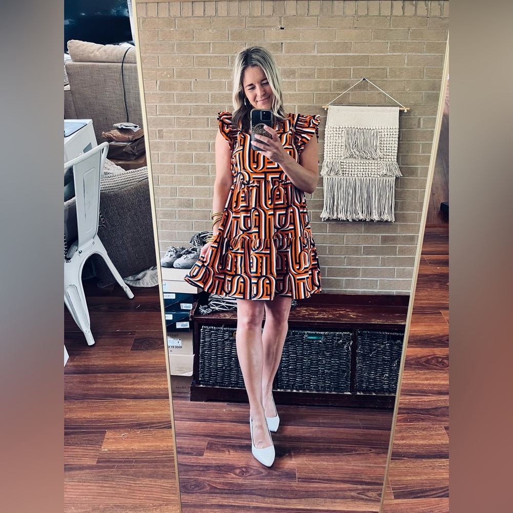 Geometric Print Flutter Sleeve Mini Dress in Orange
